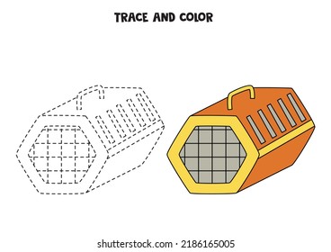 Trace and color hand drawn cat carrier. Worksheet for kids.