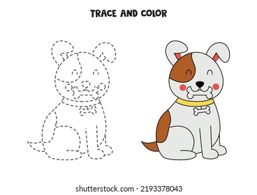 Trace And Color Hand Drawn Cute Dog. Worksheet For Kids.