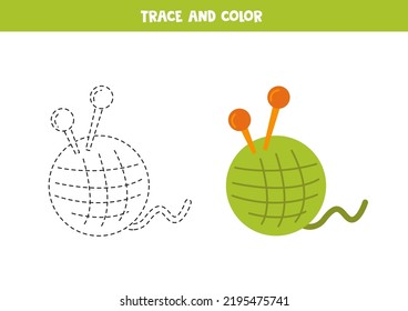 Trace and color hand drawn green ball of yarn. Worksheet for kids.