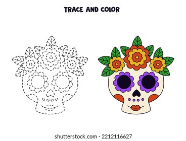 Trace and color hand drawn Mexican floral skull. Worksheet for kids.