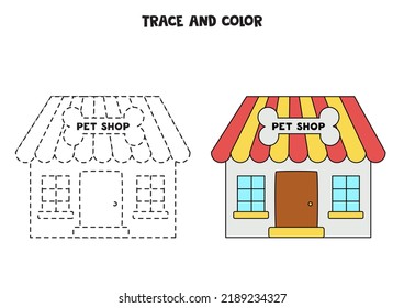 Trace and color hand drawn pet shop. Worksheet for kids.