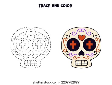 Trace and color hand drawn skull. Worksheet for kids.