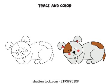 Trace And Color Hand Drawn Sleeping Dog. Worksheet For Kids.