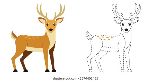 Trace and Color Happy Deer. Hand Drawing Exercises For Kids. Worksheet For Preschool. Happy Deer Cartoon Vector Design