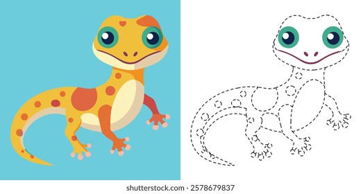 Trace and Color Happy Gecko Cartoon. Hand Drawn Practice For Preschool. Dashed Line Animal Coloring. Cute Gecko Cartoon Character Vector Illustration
