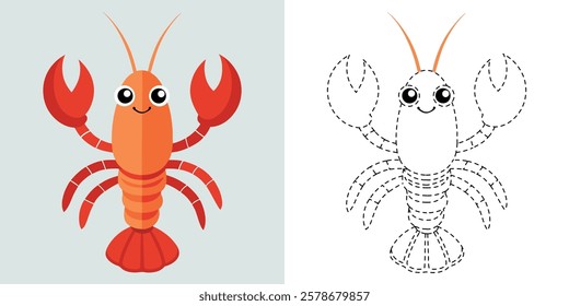 Trace and Color Happy Lobster Cartoon. Hand Drawn Practice For Preschool. Dashed Line Sea Animal Coloring. Cute Lobster Cartoon Character Vector Illustration