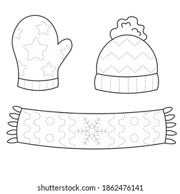 Trace and color hat, mitten and scarf. Handwriting practice for kids. Set of winter clothes, isolated on white background.