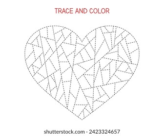 Trace and color the heart activity for kids. Valentine's Day educational game for preschool children. Fine motor skills activity	