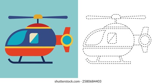 Trace and Color Helicopter. Hand Drawn Practice For Preschool. Helicopter Line Vector Design
