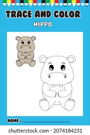 trace and color hippo. cute hippo animal cartoon character.