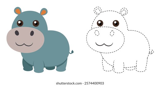 Trace and Color Hippopotamus. Hand Drawing Practice For Kids. Worksheet For Preschool. Cute Hippo Cartoon Vector Design