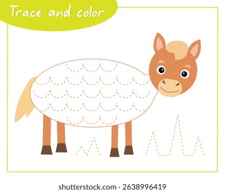 Trace and color horse. Connect the lines. Hand Trainer. Recipe for children.