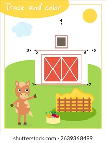 Trace and color with horse. Сonnect the dots by numbers. Hand Trainer. Recipe for children.