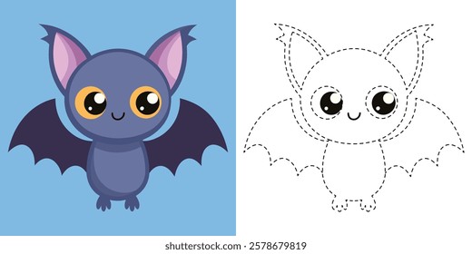 Trace and Color Kawaii Bat Cartoon. Hand Drawn Practice For Preschool. Animal Coloring. Cute Bat Cartoon Character Vector Illustration
