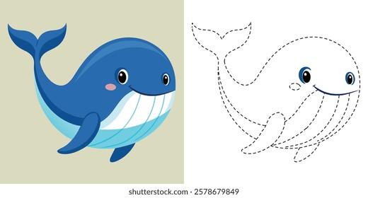 Trace and Color Kawaii Whale Cartoon. Hand Drawing Exercises For Preschool. Cute Blue Whale Cartoon Character Vector Illustration