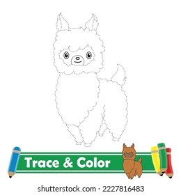 Trace and color for kids, alpaka kawaii vector