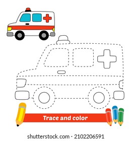 Trace and color for kids, ambulance vector