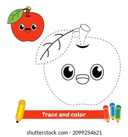Trace and color for kids, apple vector