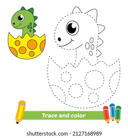 Trace and color for kids, baby dinosaur vector