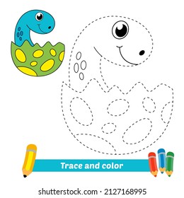 Trace and color for kids, baby dinosaur vector