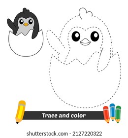 Trace and color for kids, baby penguin vector