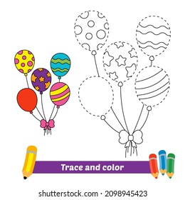 Trace and color for kids, balloons vector