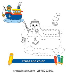 trace and color for kids, bear fishing on boat vector