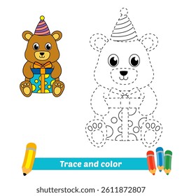 trace and color for kids, bear with gift box vector