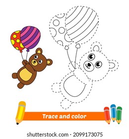 Trace and color for kids, bear playing balloons vector
