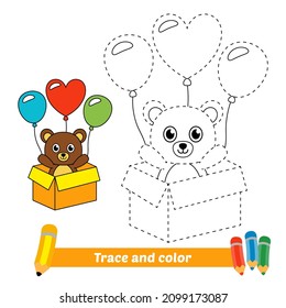 Trace and color for kids, bear playing balloons vector