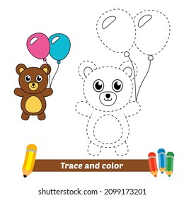 Trace and color for kids, bear playing balloons vector