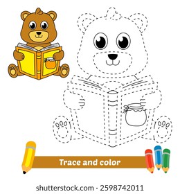 trace and color for kids, bear reading book vector