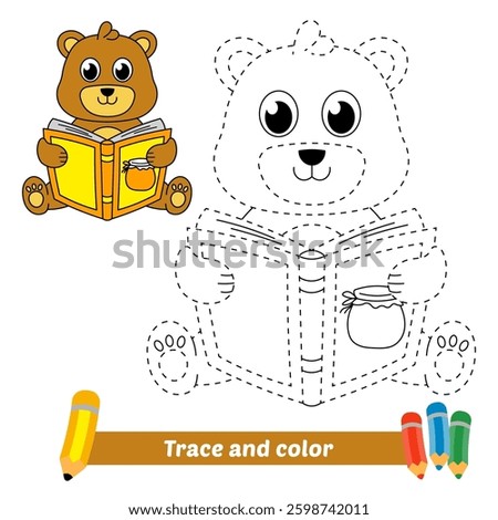 trace and color for kids, bear reading book vector