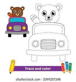 Trace and color for kids, bear riding car vector