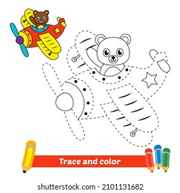 Trace and color for kids, bear riding plane vector