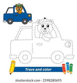 trace and color for kids, bear riding car vector