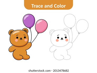 Trace and color for kids, bear vector