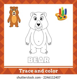 Trace and color for kids, bear vector kids activity page