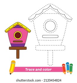 Trace and color for kids, bird house vector