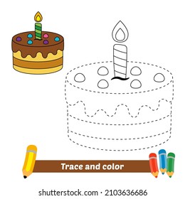 Trace and color for kids, birthday cake vector