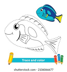 Trace and color for kids, blue tang fish vector