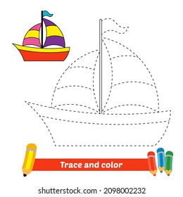 Trace and color for kids, boat vector