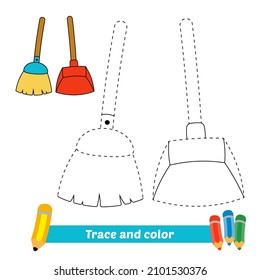 Trace and color for kids, broom and dustpan vector
