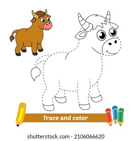 Trace and color for kids, bull vector
