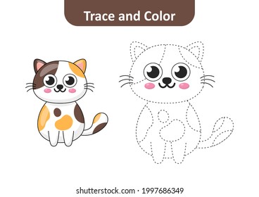 Trace and color for kids, cat vector