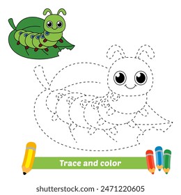 traza y color para los niños, oruga comer Vector de hojas