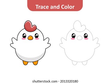 Trace and color for kids, chicken vector