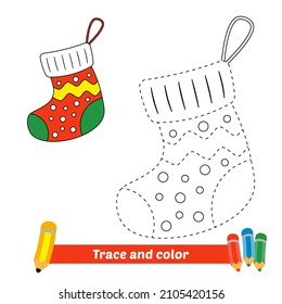 Trace and color for kids, christmas sock vector