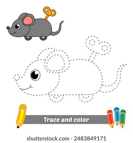 trace and color for kids, clockwork mouse toy vector