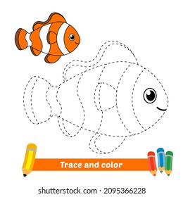 Trace and color for kids, clown fish vector